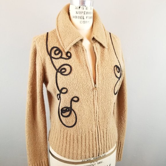White + Warren Women's M Vintage Style Coffee w/ Swirls Wool Sweater w/ Zip - Picture 2 of 7
